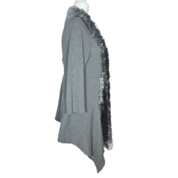 Lauren Michelle Gray Knit Open Front Cardigan XL Metallic Silver Faux Fur Trim - Picture 4 of 7